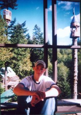 View of the new treehouse observatory (upper left) from the stairwell   (Bill's house is seen on the ground below)
