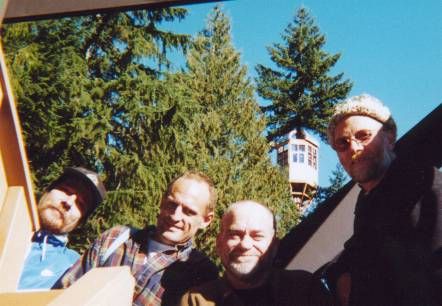 Ground crew ( Tony and Gary, center) celebrate their efforts with Tom and Tim from stairwell