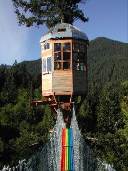 Treehouse Observatory looking South from the spiral staircase showing the completed Rainbow Bridge.  Sawtooth Ridge is in the background