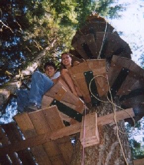 Cedar and Amanda Testing the Treads. Each step was knee-braced, and vertical poles added to connect steps and enclose the climber.