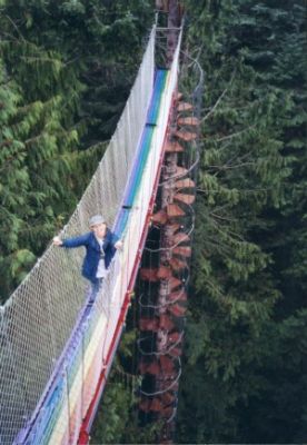 After climbing the spiral "Stairway toHeaven" spiral staircase around a fir tree, guests can walk across the  "Rainbow Bridge" walkway that connects to the treehouse observatory 43 feet away.