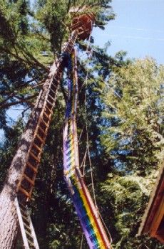 Hoisting the 500 lb. bridge required a double pulley rigging to cut the weight load.